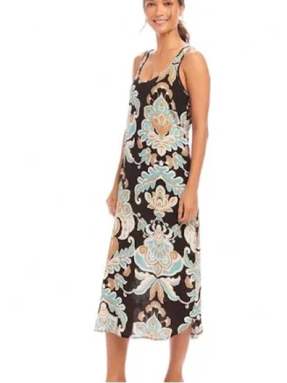 Karen Kane Black Midi Dress with Cream and Light Blue Floral Print